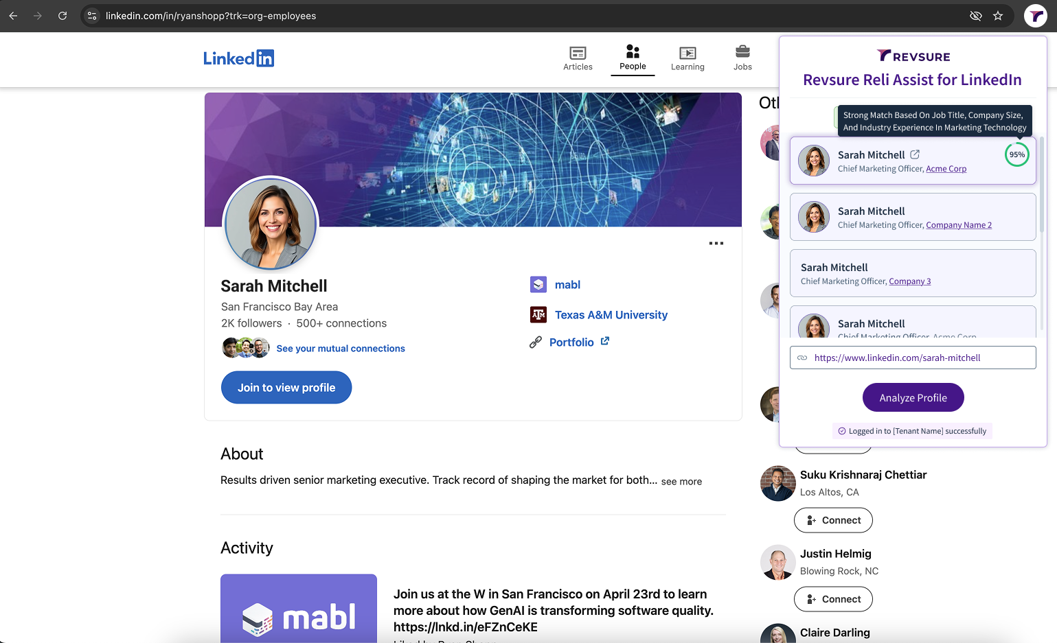 LinkedIn profile of Sarah Mitchell showcasing her professional details and connections.
